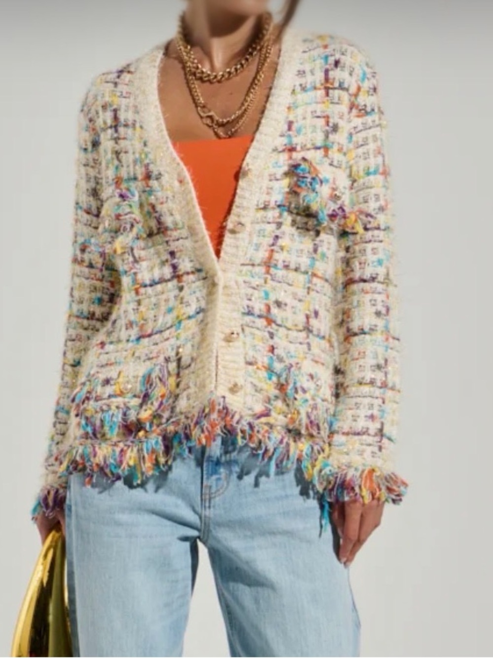 AKIRA Cream Bouclé Tweed Fringe-Trim Cardigan with Multicolor Accents